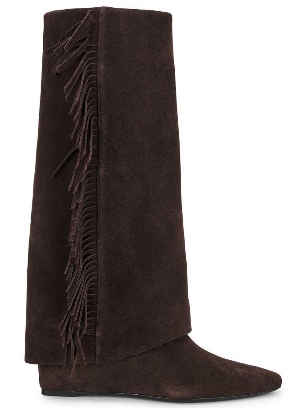 SIMKHAI Quinn Fringe Boot in Cacao dark brown suede leather retro knee high